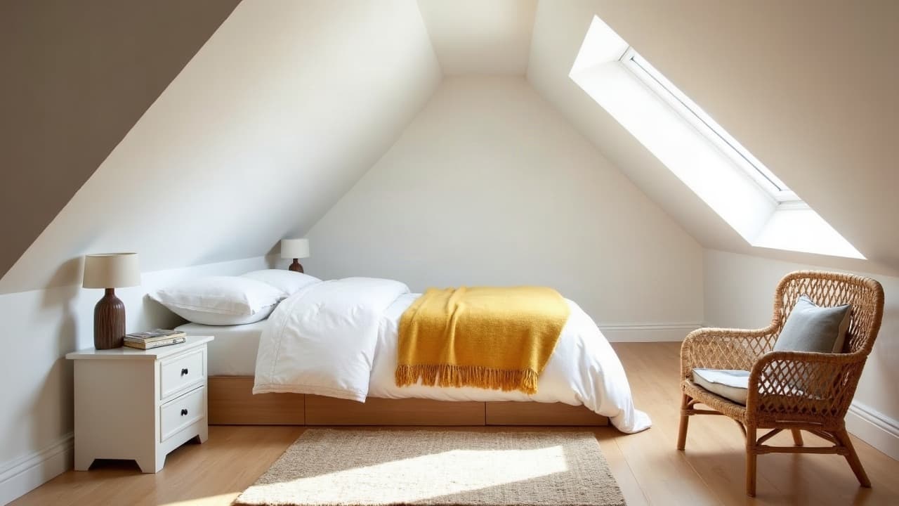 Combles aménagés en chambre sous une fenêtre de toit