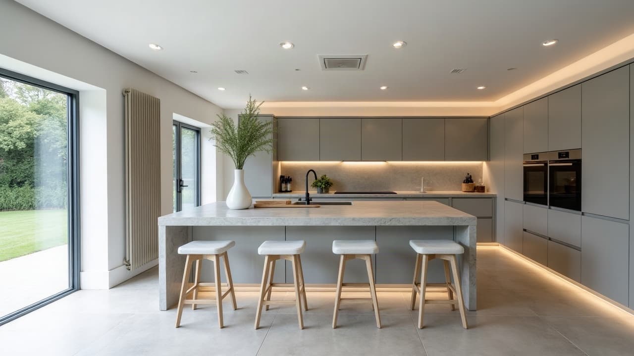 Faux plafond suspendu à spots encastrés dans une cuisine ouverte